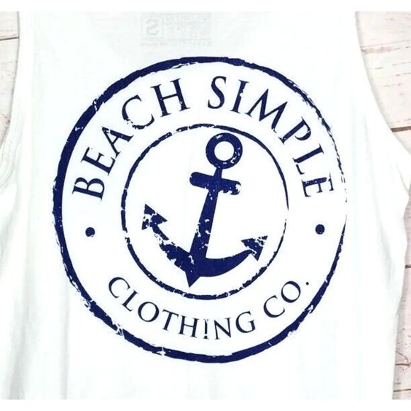 Beach Simple Logo Cotton Blend U.S.A Made Small White Blue Graphics Tank Top - Picture 6 of 8
